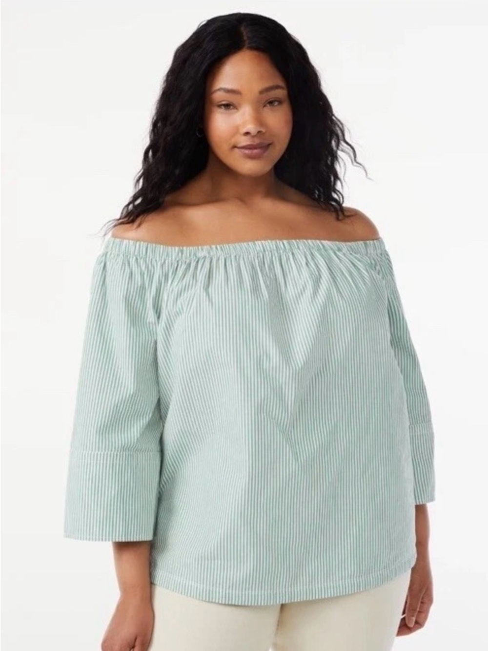 Off-the-Shoulder Striped Blouse in Light Mint
